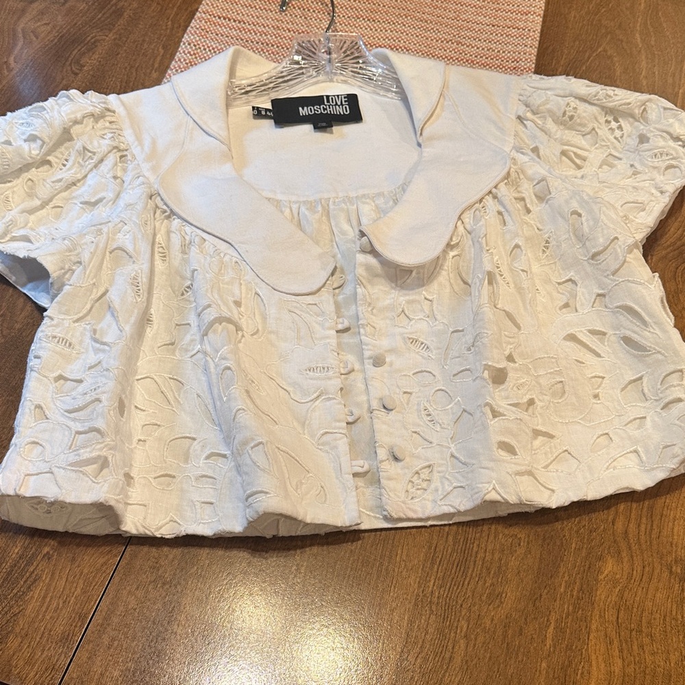 Love Moschino White Eyelet Crop Blouse with Rounded Collar